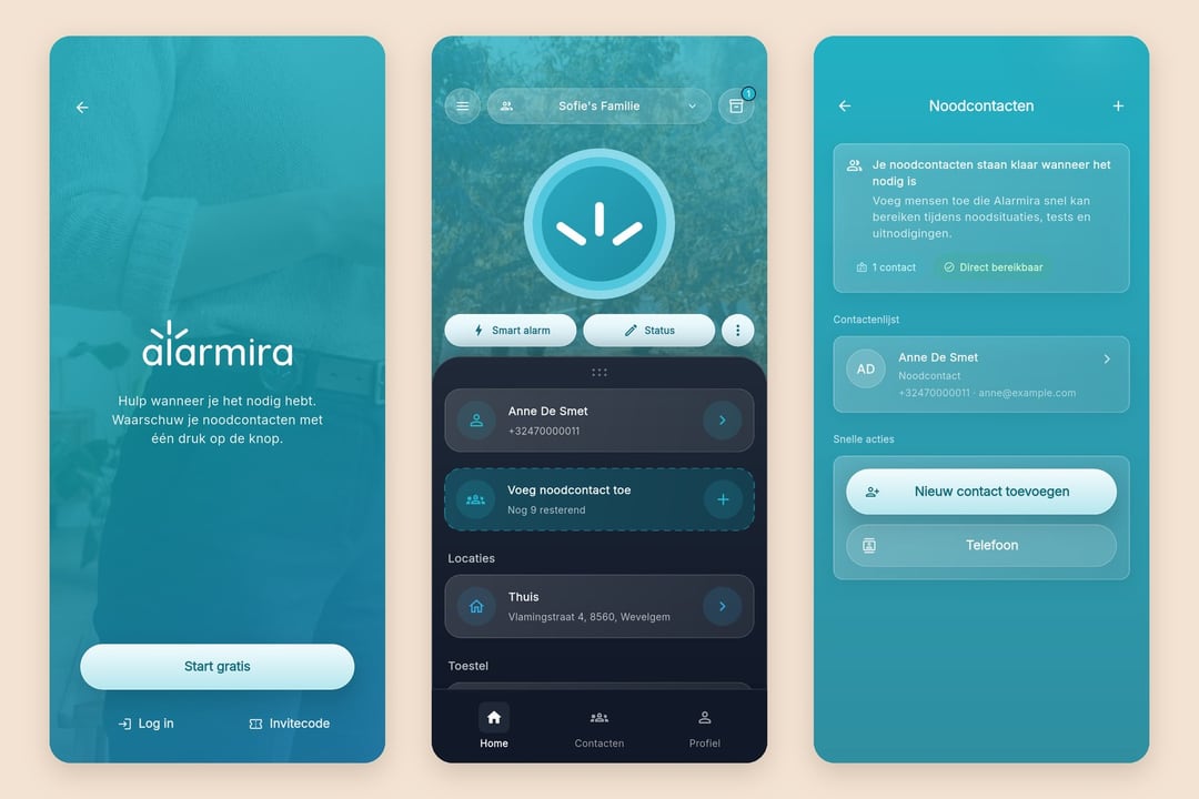 Drie schermen van de Alarmira-app: de alarmknop, een lopende noodsituatie met live delen, en de lijst met noodcontacten